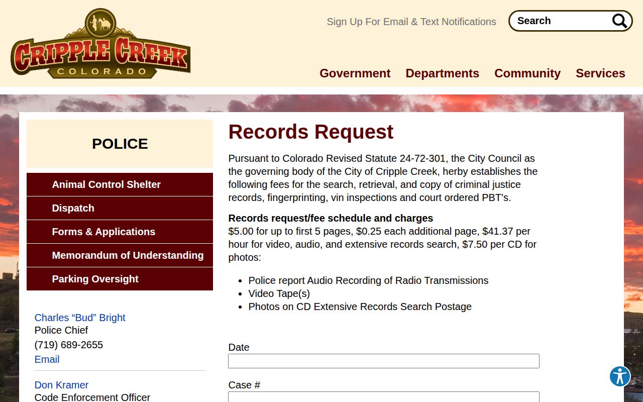 Cripple Creek Police records request for Teller County arrest material